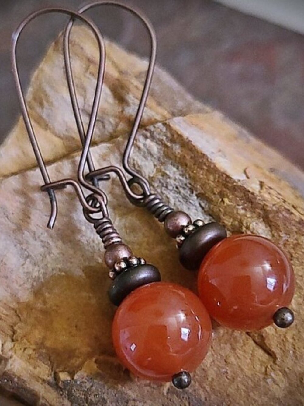 Carnelian Earrings Antiqued Copper Hooks Gemstone Jewelry